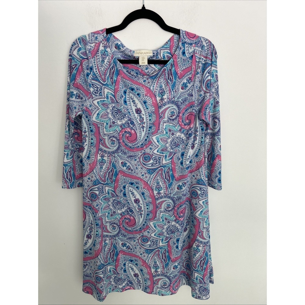 Cynthia Rowley M Swing Dress 3/4 Sleeve‎ Paisley Pink Blue Pockets Lightweight